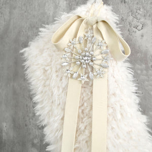 Ivory Sherpa Faux Fur Christmas Stocking with Velvet Bow and Star Gems | Neutral Cozy Holiday Mantel Decor | Fur Rustic Stocking for Family