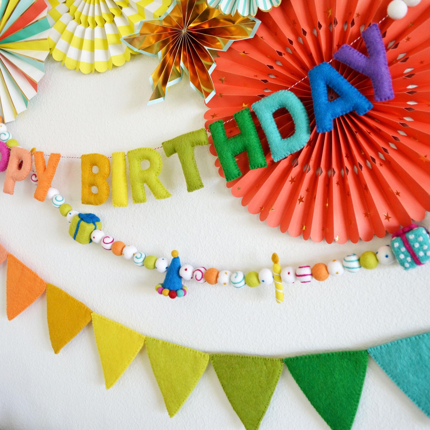 Reusable Happy Birthday Banner or Hat, Gift & Candle Felt Ball Garland or Rainbow Felt Pennants