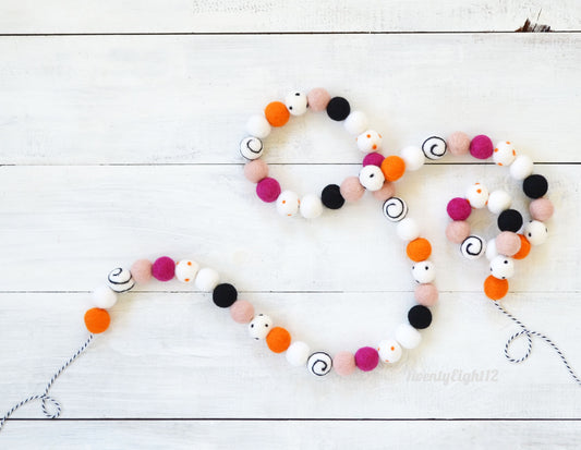 Halloween Felt Ball Garland - Black, Orange, White, Dark Pink