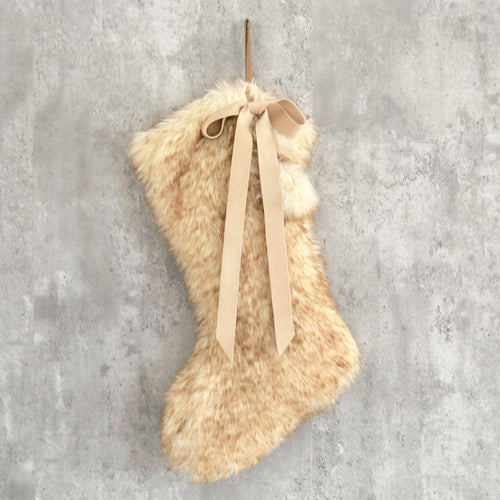 Honey Brown Faux Fur Christmas Stocking with Fur Pom Poms and Velvet Bow | Fuzzy Fur Stockings | Fur Stockings for Family