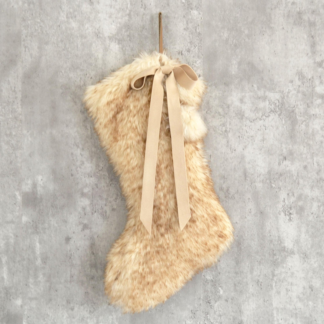 Honey Brown Faux Fur Christmas Stocking with Fur Pom Poms and Velvet Bow | Fuzzy Fur Stockings | Fur Stockings for Family