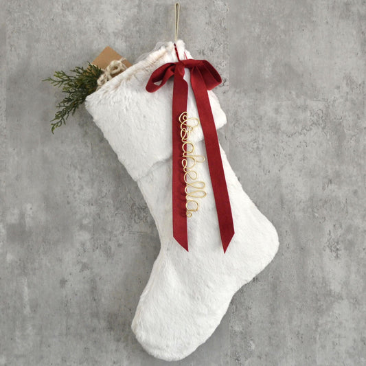 Faux Fur Christmas Stocking – White Fur Stocking with Velvet Bow Embellishment (Name tag NOT included)