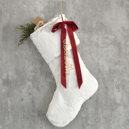 Faux Fur Family Christmas Stocking with Velvet Bow | White Fur Christmas Stocking | Heirloom Stockings for Christmas (Name Tag NOT included)