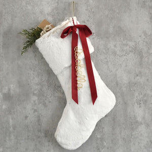 Faux Fur Family Christmas Stocking with Velvet Bow | White Fur Christmas Stocking | Heirloom Stockings for Christmas (Name Tag NOT included)