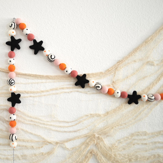 Halloween Garland with Black Wool Stars and Colorful Felt Balls