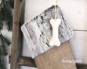 Gray Faux Fur & Burlap Christmas Stocking |  Stockings for the Family and Pets | Cat Stocking, | Stocking for Dog | Cozy Christmas Decor