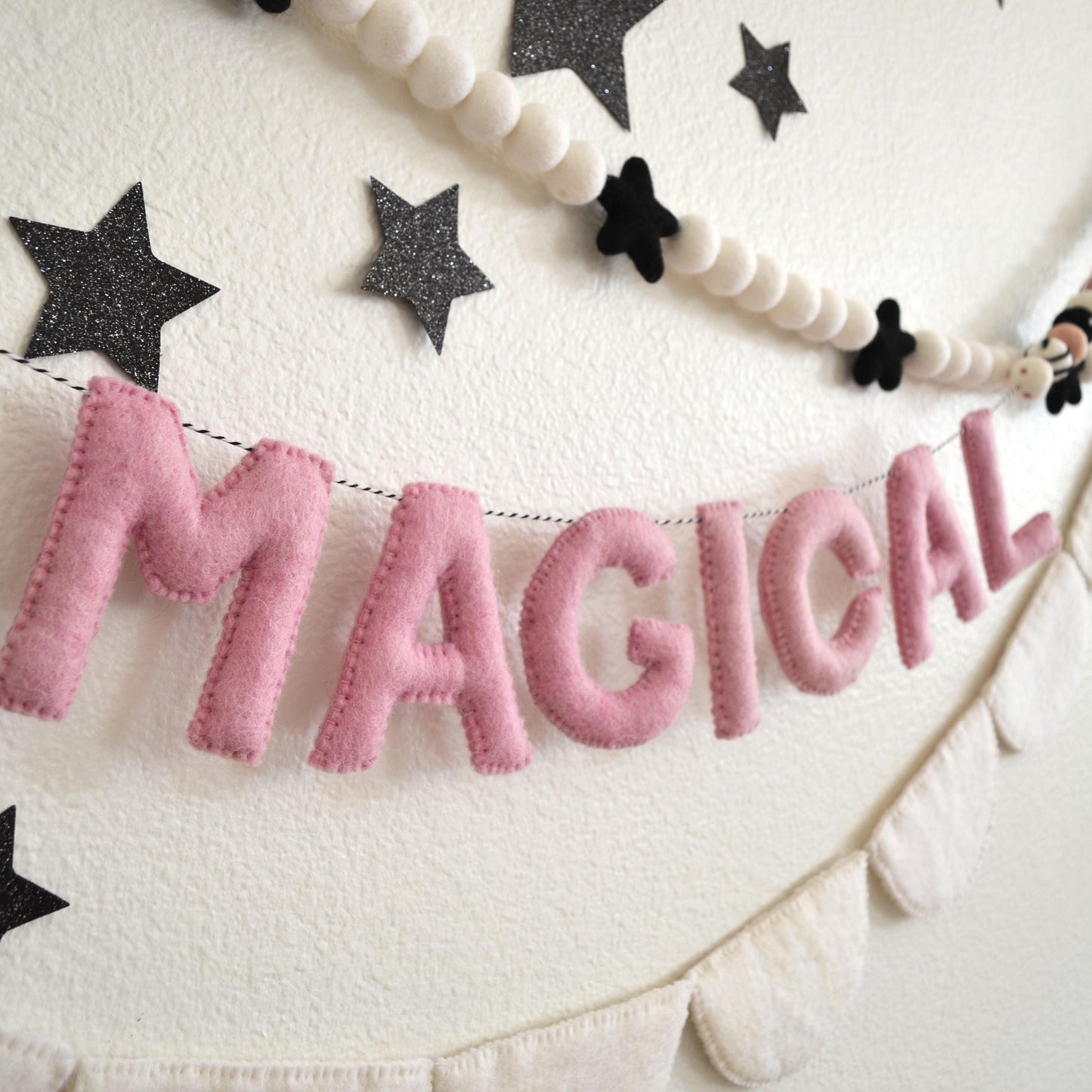 Halloween Felt Ball Garland - Choice of Black Star Felt Garland, MAGICAL Banner or White Felt Scallop Banner