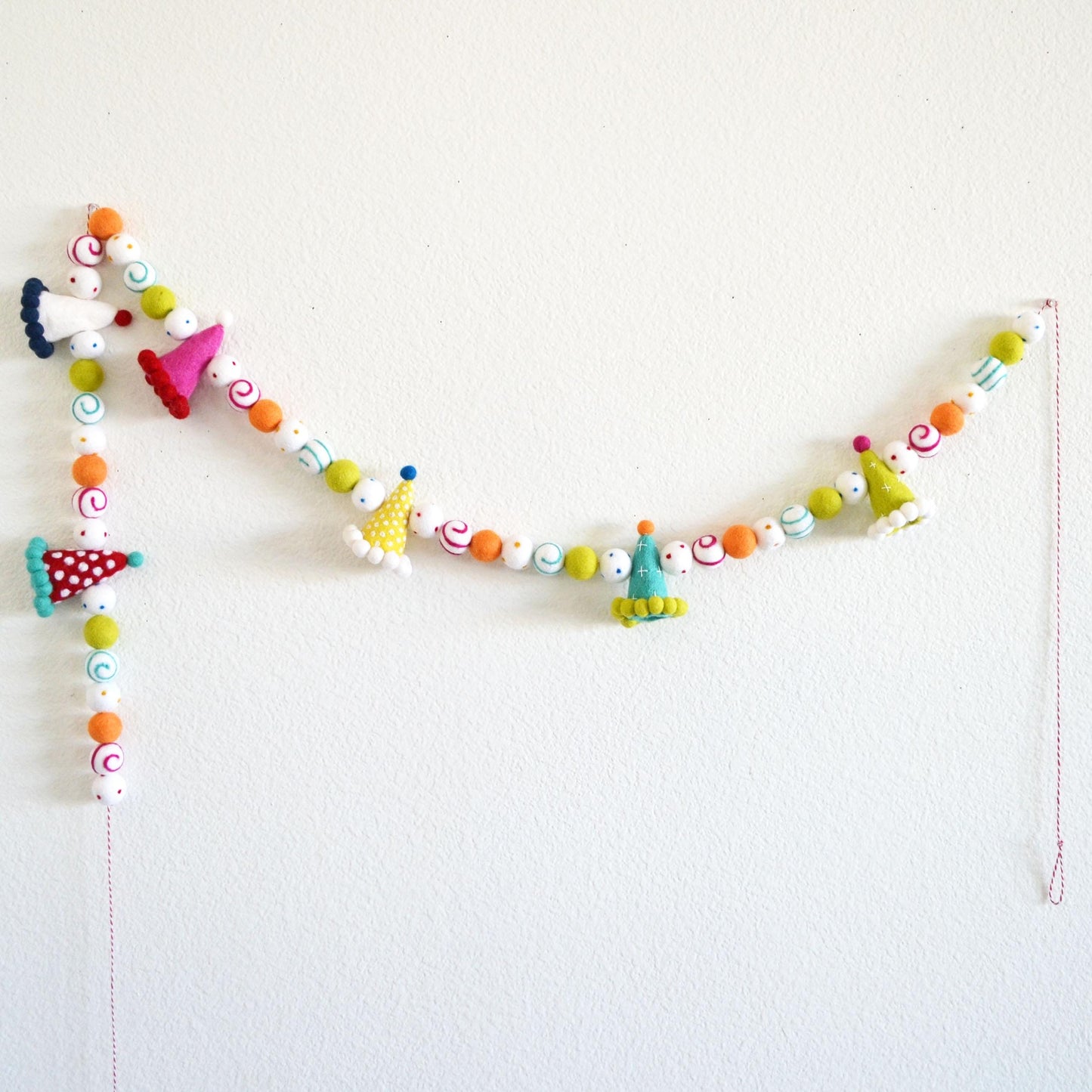 Party Hat Felt Ball Garland with Colorful Dots & Swirls