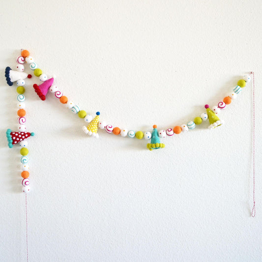 Party Hat Felt Ball Garland with Colorful Dots & Swirls
