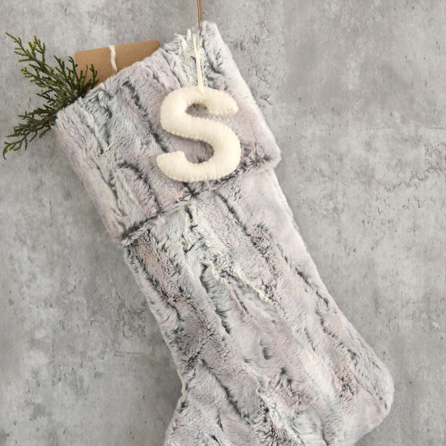 Gray Faux Fur Christmas Stocking with Personalized Felt Letter