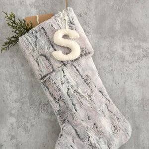 Gray Faux Fur Christmas Stocking with Personalized Felt Letter | Cozy Fur Stocking for Him | Personalized Rustic Family Christmas Stocking