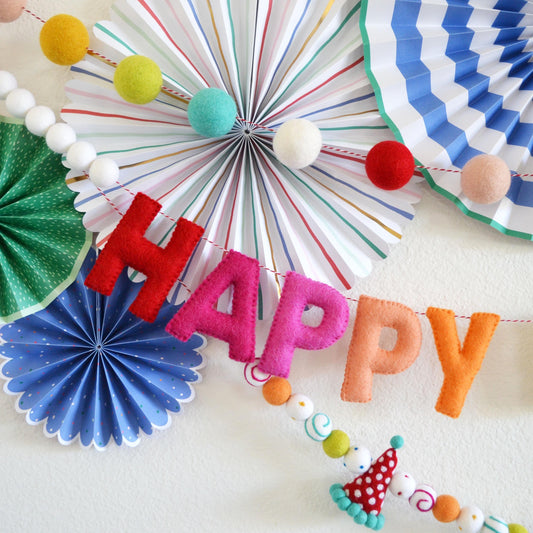 Rainbow 4cm Felt Ball Garland, Happy Birthday Banner and Hat Gift & Candle Felt Garland Bundle