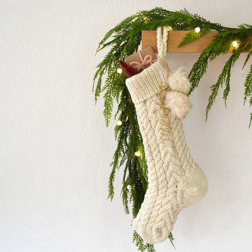 Ivory Wool Cable Knit Christmas Stocking with Wool Tassel | Hand Knit Stocking |  (Name Tag NOT included)