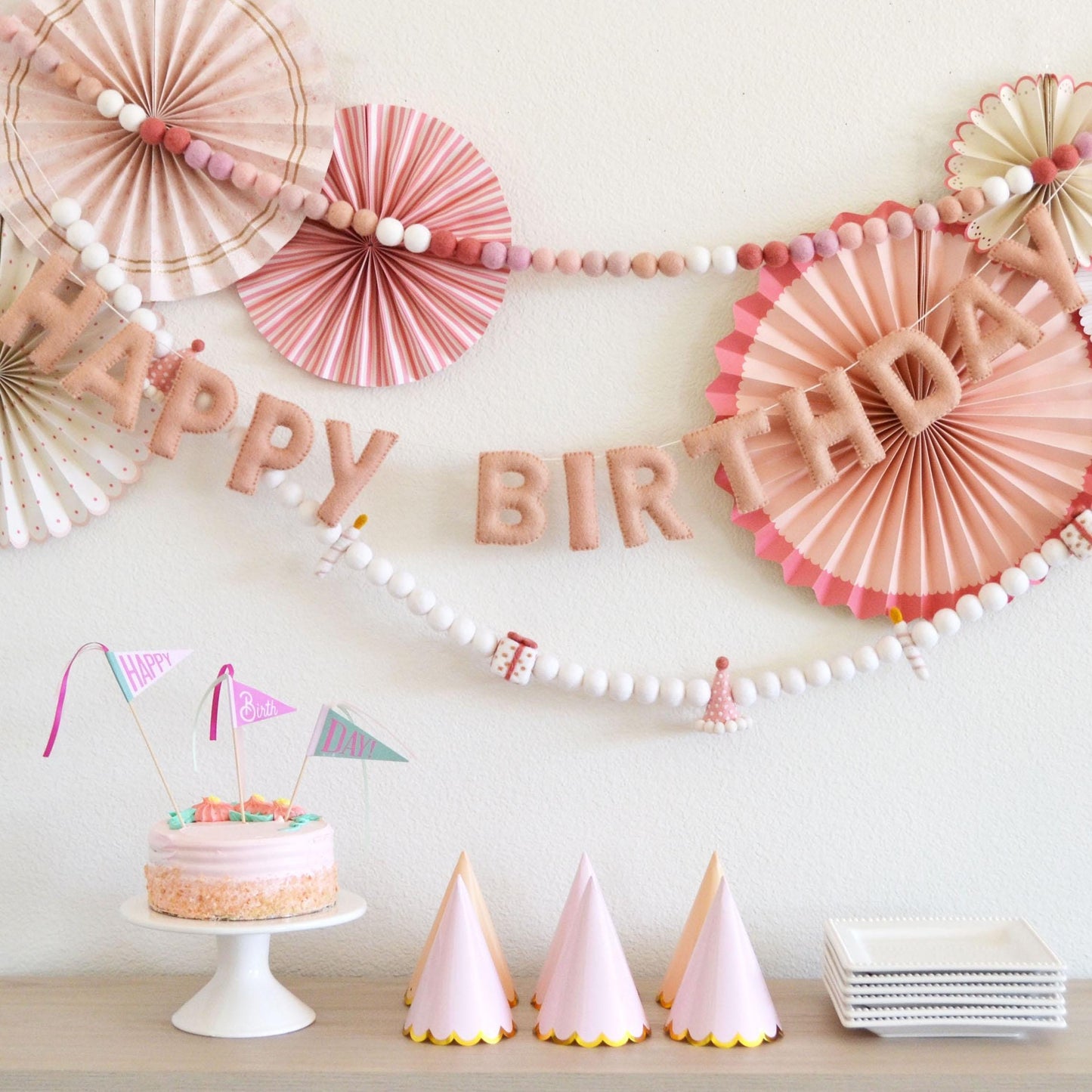 Pink Ombré Felt Ball Garland or Blush Pink Happy Birthday Banner or Hat, Gift & Candle Felt Garland
