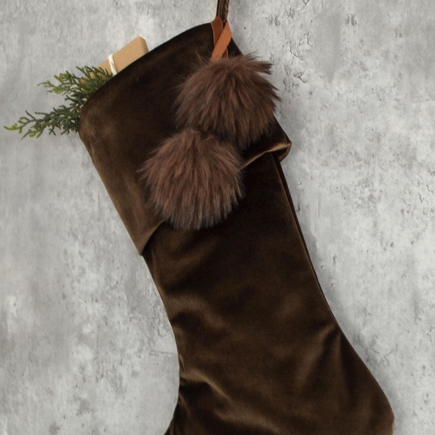 Personalized Brown Velvet Christmas Stocking | Masculine Rustic Holiday Decor | Modern Luxe Christmas Stocking