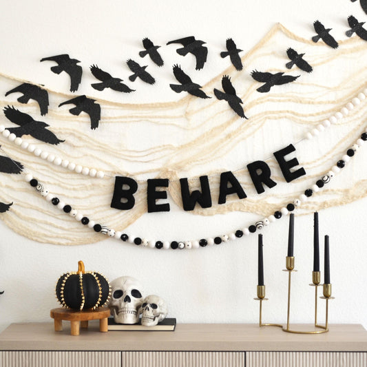 Halloween Felt Ball Garland- Choice of BEWARE Banner or Black and White Felt Ball Garland