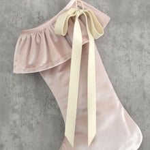 Velvet Christmas Stocking - Blush Pink Ruffle Stocking with Bow Embellishment