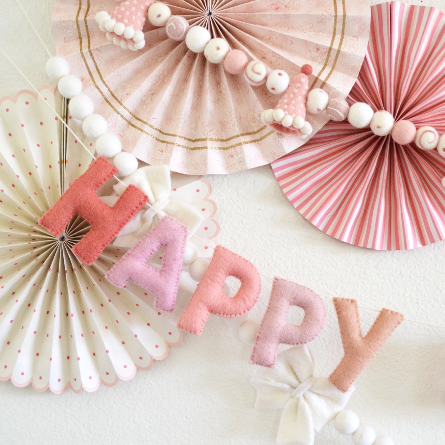 Pink Party Hat Felt Garland or Pink Ombré Felt Banner or White Bow Felt Ball Garland