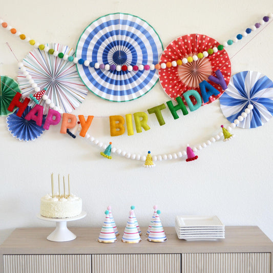 Rainbow Ombré & White Felt Ball Garland or Happy Birthday Banner or Party Hat Felt Garland