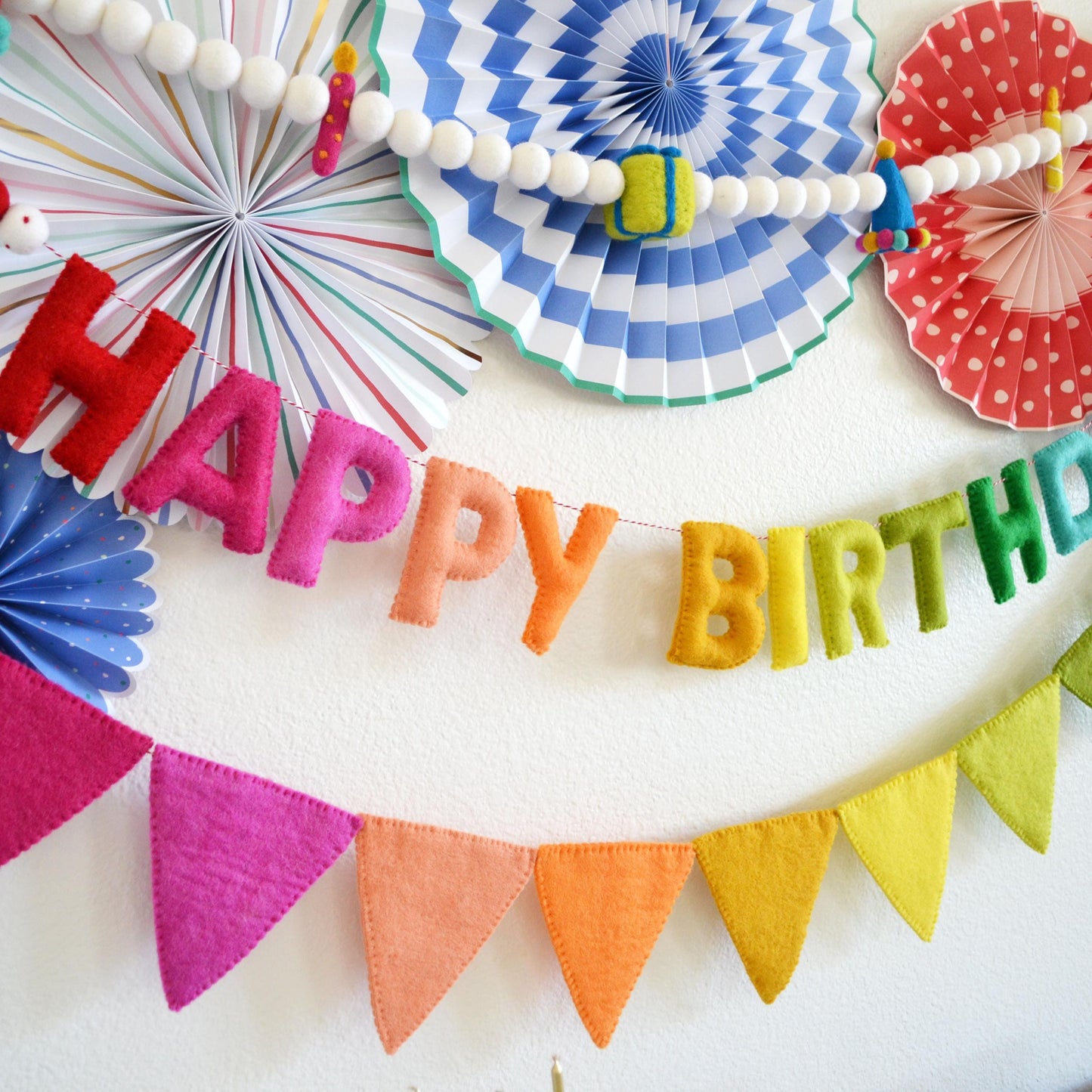 Hat Gift & Candle Felt Ball Garland, Happy Birthday Banner and Rainbow Felt Pennant Flags Bundle