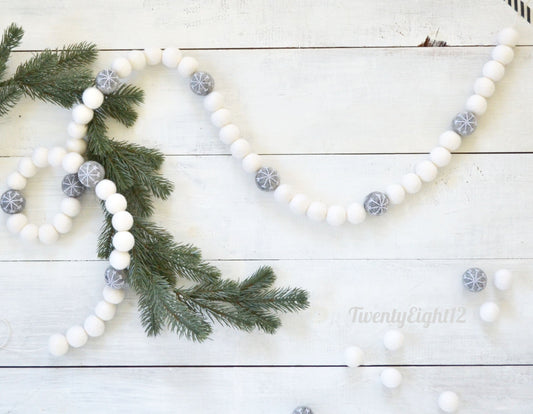Christmas Garland - Snowflake Felt Ball Garland, Christmas Felt Garland, Christmas Banner, Christmas Decor, Christmas Felt Ball Garlands