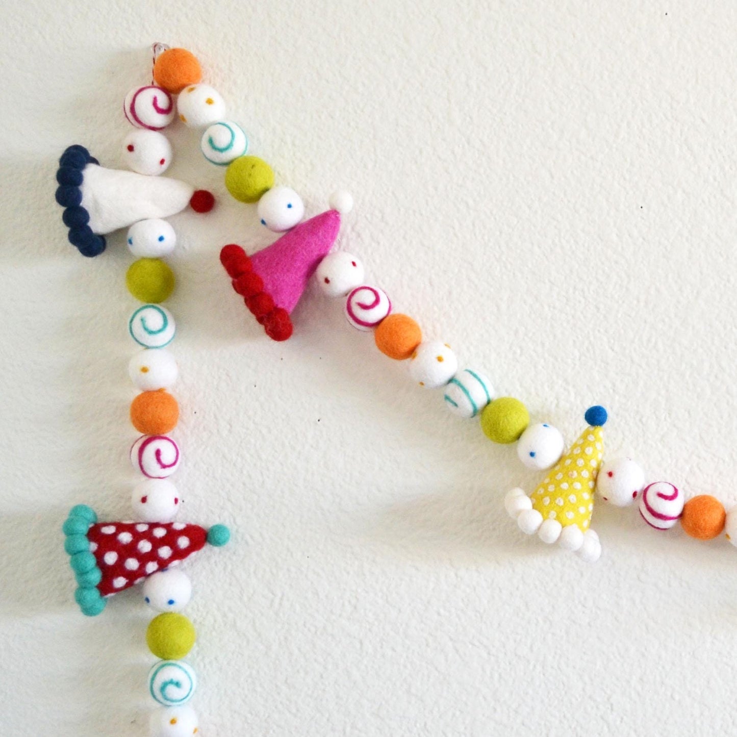 Party Hat Felt Ball Garland with Colorful Dots & Swirls