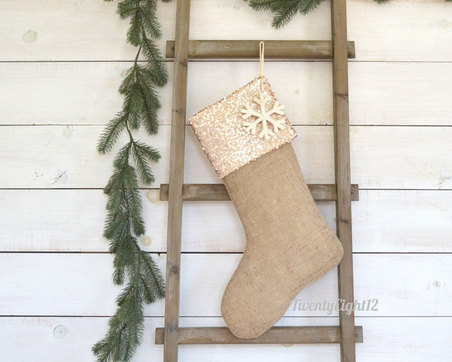 Personalized Burlap Stocking - Champagne Sequin & Burlap Christmas Stocking