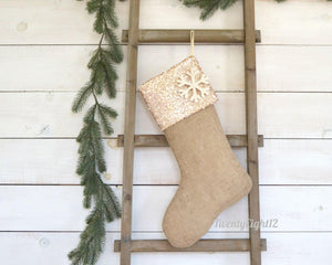 Personalized Champagne Sequin and Burlap Christmas Stockings | Christmas Stocking | Burlap Stocking | Personalized Family Stocking