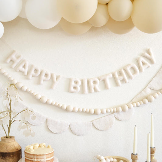 White Happy Birthday Felt Banner or Boho Felt Garland or Felt Scallop Banner