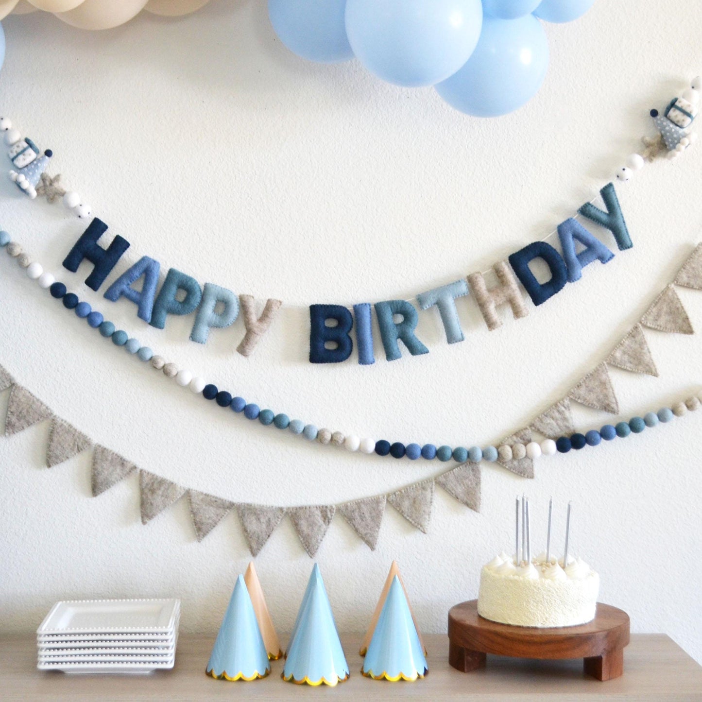 Happy Birthday Felt Banner or Blue Ombré Felt Ball Garland or Tan Felt Pennant Flag Banner