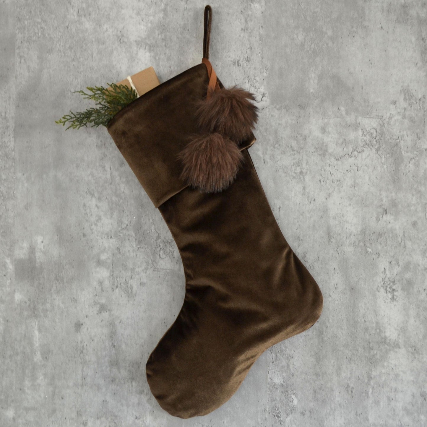 Personalized Brown Velvet Christmas Stocking | Masculine Rustic Holiday Decor | Modern Luxe Christmas Stocking