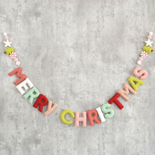 Merry Christmas Felt Banner with Wool Christmas Tree, Peppermint and Star