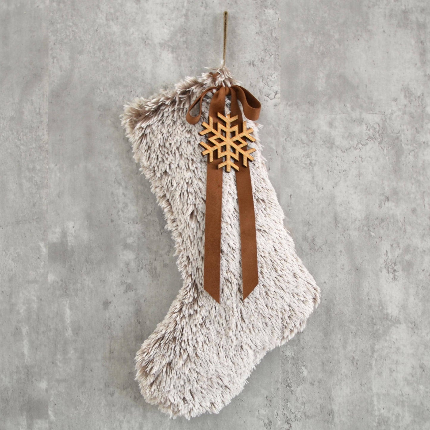 Shaggy Walnut Faux Fur Christmas Stocking with Fur Pom Poms and Wood Snowflake