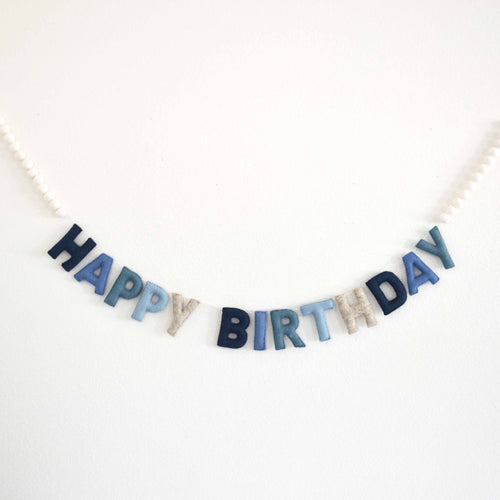 Blue Happy Birthday Felt Banner with White Felt Balls