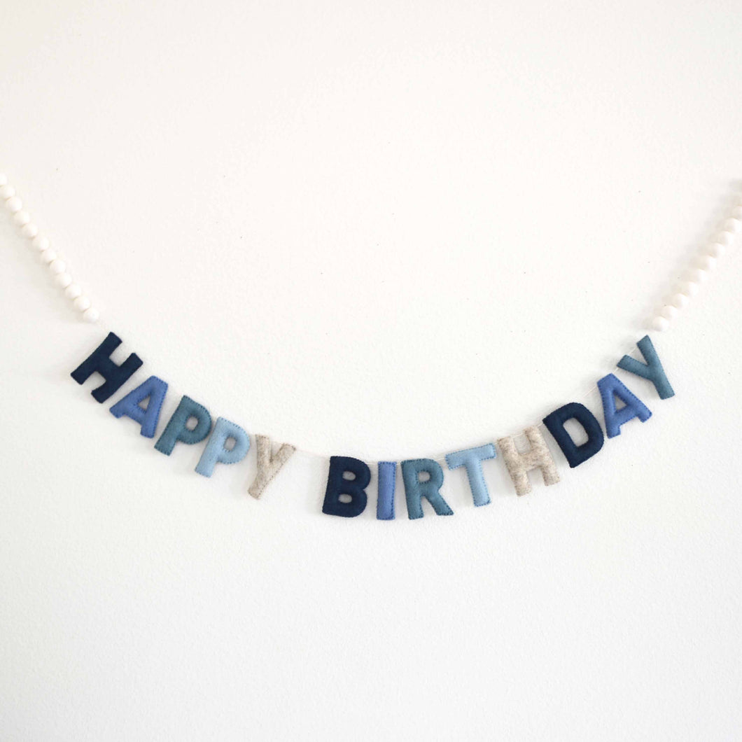 Blue Happy Birthday Felt Banner with White Felt Balls