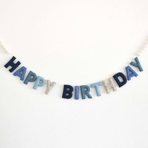 Blue Happy Birthday Felt Banner with White Felt Balls