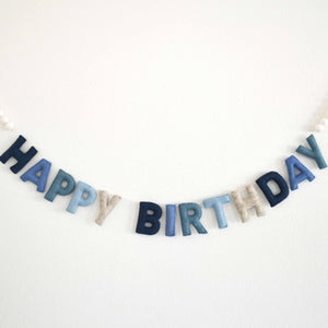 Blue Happy Birthday Felt Banner with White Felt Balls
