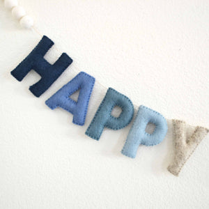 Blue Happy Birthday Felt Banner with White Felt Balls