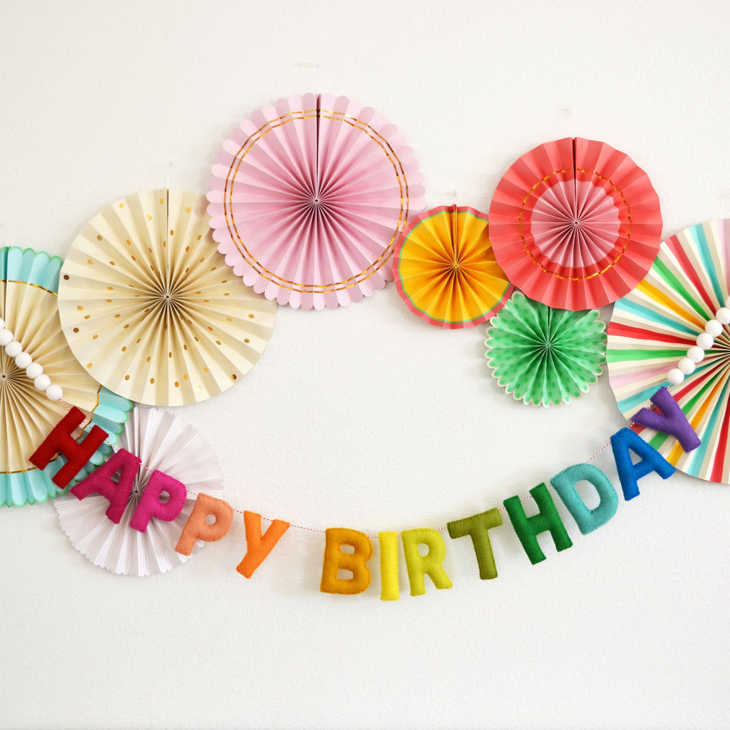 Rainbow Happy Birthday Felt Banner with White Felt Balls