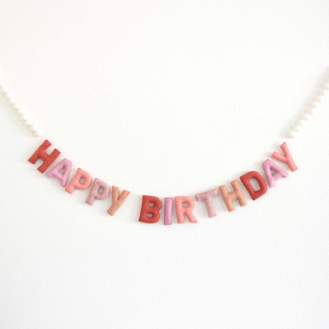 Pink Happy Birthday Felt Banner with White Felt Balls