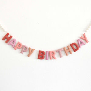 Pink Happy Birthday Felt Banner with White Felt Balls