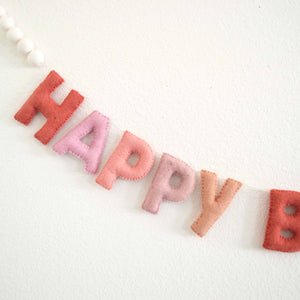 Pink Happy Birthday Felt Banner with White Felt Balls
