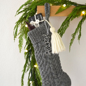 Gray Wool Cable Knit Christmas Stocking with Wool Tassel | Hand Knit Stocking |  (Name Tag NOT included)