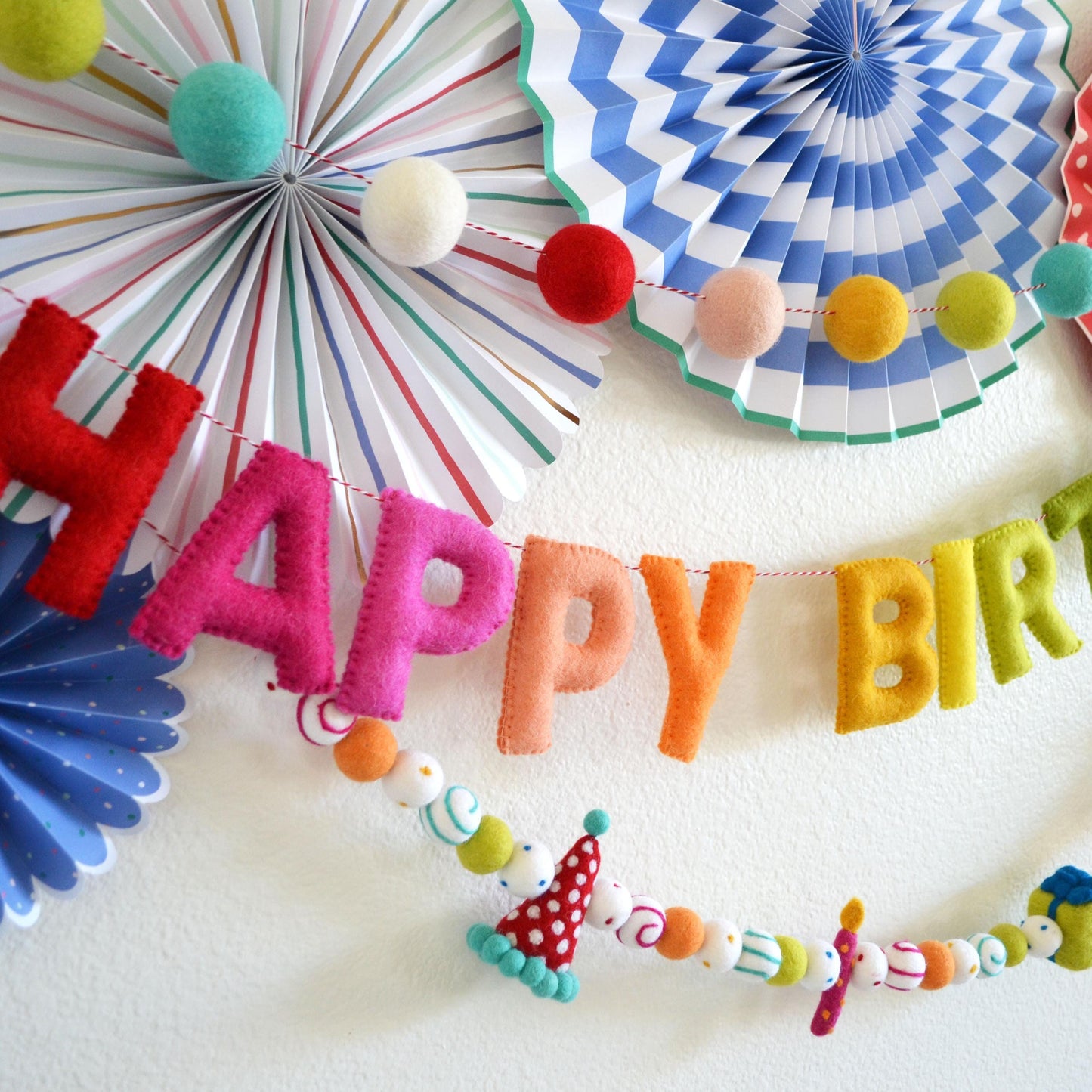 Rainbow 4cm Felt Ball Garland, Happy Birthday Banner and Hat Gift & Candle Felt Garland Bundle