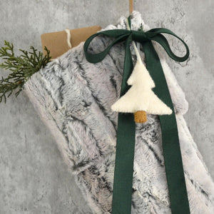 Gray Faux Fur Christmas Stocking with Velvet Bow and Felt Christmas Tree | Cozy Fur Stocking for Him | Family Christmas Stocking Heirloom