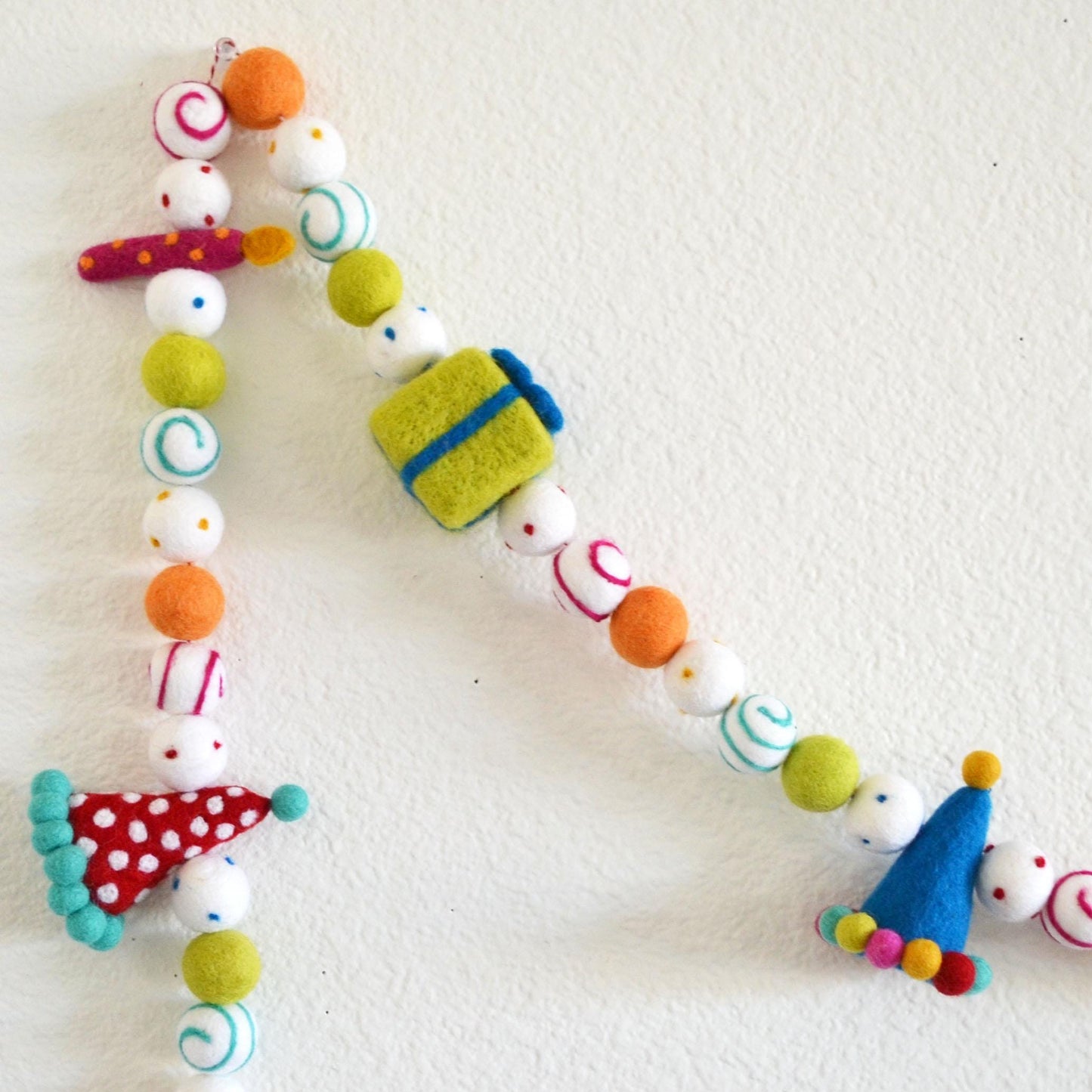 Rainbow Birthday Party Hat, Gift & Candle Felt Ball Garland