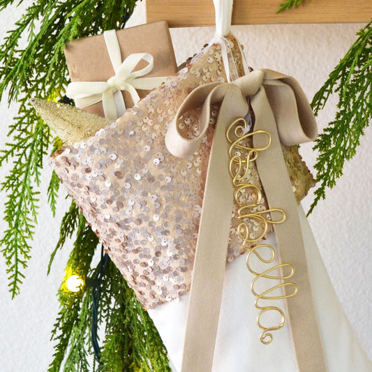 Stocking, Christmas Stocking, Velvet Stockings, Christmas Gift, Stocking Stuffer, White Stocking, Champagne Sequin (Name Tag NOT included)