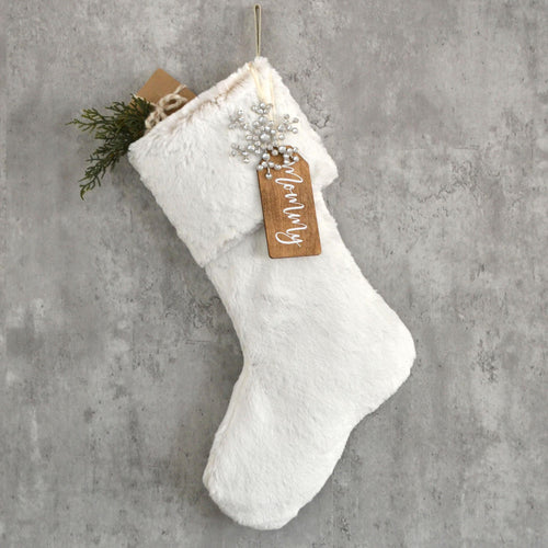 Faux Fur Family Christmas Stocking | Timeless White Fur Christmas Stocking | Heirloom Stockings for Christmas Decor (Name Tag NOT included)