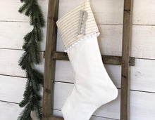 Personalized Velvet Christmas Stocking - Ivory & Gray Pinstripe with Pom Pom Trim