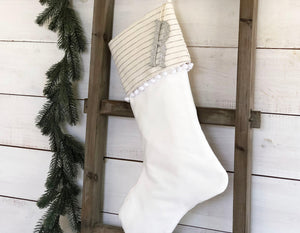 Personalized Velvet Christmas Stocking - Ivory & Gray Pinstripe with Pom Pom Trim